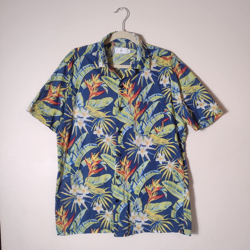 Onia Tropical Hawaiian Camp Collar Button Down Cotton Shirt Blue Size M